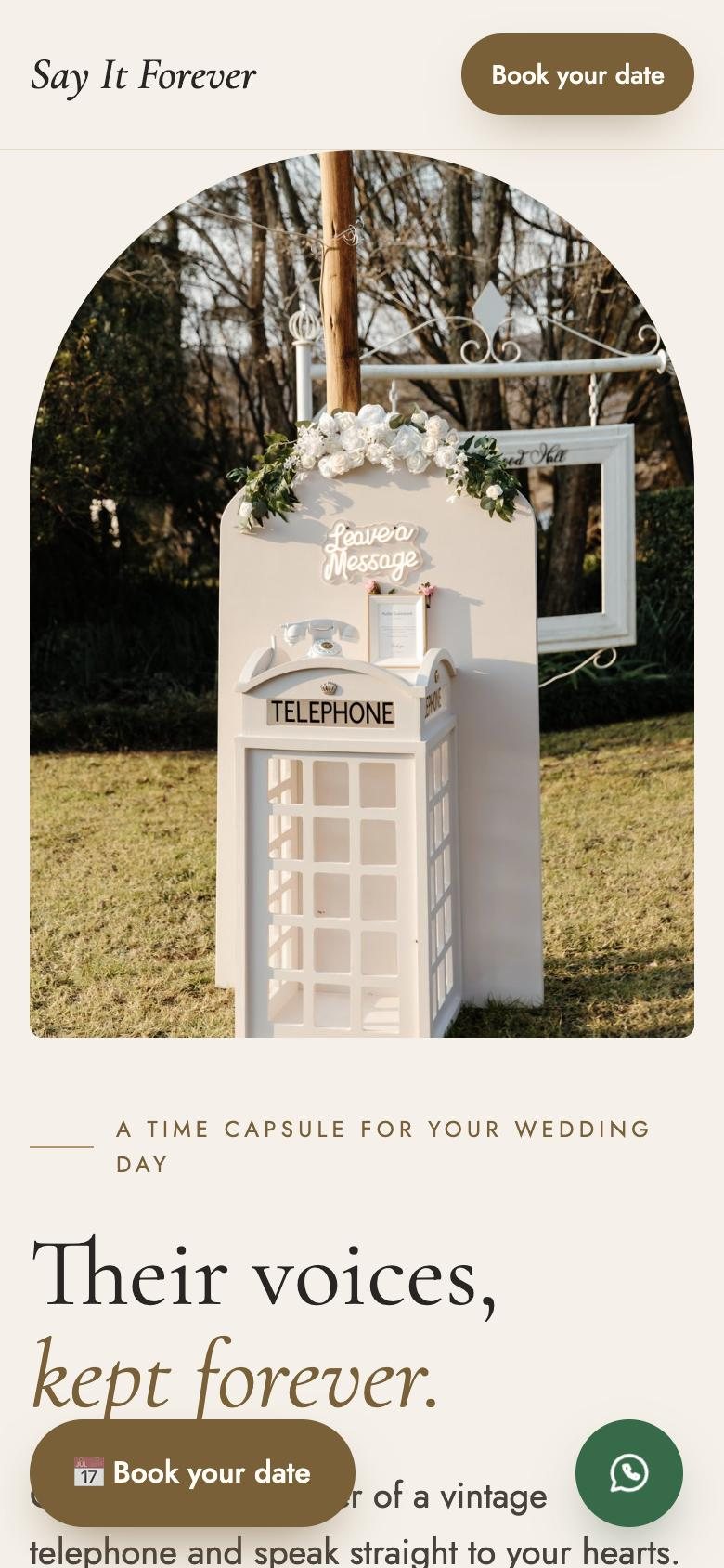 The Say It Forever booking homepage on a phone